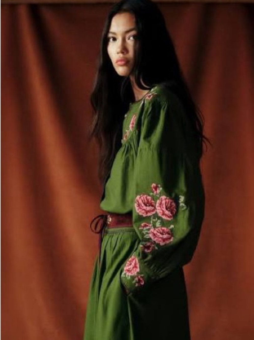 Sezane x Baziszt Orla Shirt in Bamboo Green with Floral Embroidery Size 44/12 - Picture 2 of 8